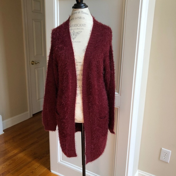 Faux Fur Cardigan Duster New S M L Cranberry Fuzzy - Picture 6 of 8
